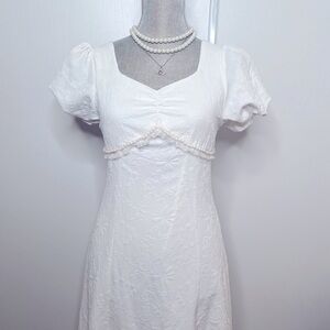cute & feminine long floral summer white dress with pearls, frills, bows